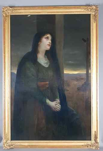 Unbekannt -19.Jh.- Trauernde Maria Magdalena am Fuße des Kreuzes, Öl auf Leinwand,<br />doubliert, rechts unten eventuell monogrammiert 