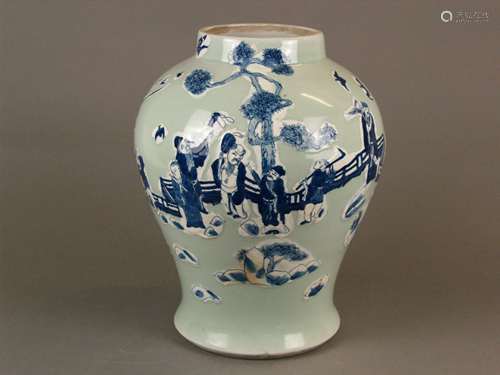 Vase - China, thick-walled porcelain, meiping form with light green celadon glaze, above<br />that eight immortals in blue painting on recessed white ground, glazed on the underside, unmarked, H.ca.35cm