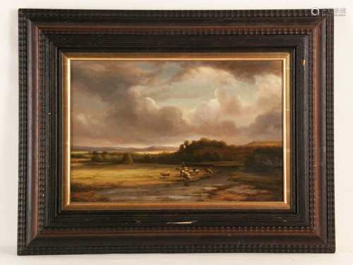 Unbekannter Landschaftsmaler - Flusslandschaft mit Schäfer und Schafherde, Öl auf Holz,<br />unten links signiert (unter Rahmung verdeckt), gerahmt, Rahmen-Ausschnitt:ca.26x38cm