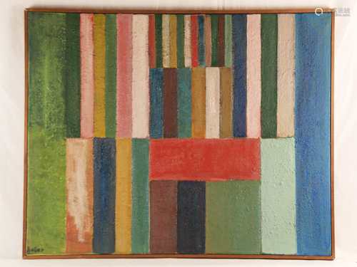 Heller, Alfred (1926-Bamberg-2012) - ''Composition I'', oil on canvas, signed in lower left,<br />abstract composition with colored stripes, signed and titled on the reverse, ca.80x100cm, framed. -German glass, ceramic and mosaic artist, essential for the modern church building of the post-war period.