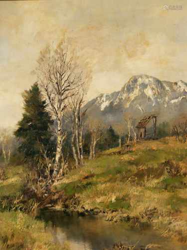 Burger, Josef (1887-München-1966) - Alpenlandschaft mit Blick auf den Waxenstein, im<br />Vordergrund Bachlauf, Öl auf Landschaft, rechts unten signiert und ortsbez.