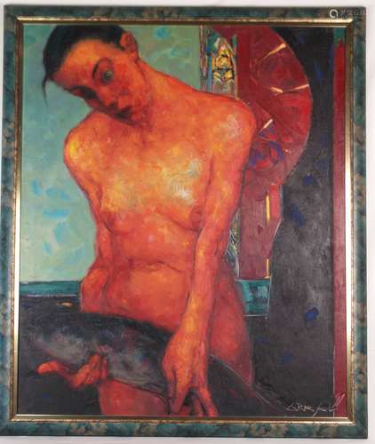 Griesel, Bruno (* 1960 Jena) - ''Maria with Fish'', oil on canvas, 1991,  signed and dated,<br />ca.119x99cm, framing -Bruno Griesel, a German painter, draftsman and graphic artist at the New Leipzig School, studied at the Leipzig Academy of Graphic Arts and Book Design by Prof. Stelzmann, Wolfgang Peuker and Prof. Heisig. Since 1986 he has been working as a freelance visual artist. He lives and works in Straguth near Leipzig