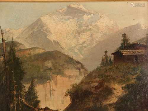 Unbekannt -um 1900- Alpenlandschaft mit steiler Schluchtansicht und Almhütte im rechten<br />Vordergrund, Öl auf Malpappe, auf Karton, rechts unten unleserlich signiert, Farbschicht mit Craquelé, Rahmenspuren, ca.17,5x23,6cm, profilierte Prunkrahmung mit Zierfriesen,ca.31,5x37,5cm