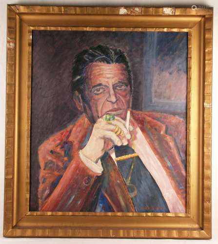 Rust, Hilmar - ''Portrait of a smoking gentleman'', mixed media on paper, wooden plate<br />doubling, signed in lower right, sheet curled, ca.75x65cm, stucco frame damaged