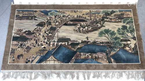 Silk Tapestry - China, Zhejiang, 1980s, silk, detailed multi-figure depiction of the<br />Qingming Festival celebrations in the province of Honan, around the present city of Kaifeng,  after the well-known painting by Chang Chai-tuan (Sung Dynasty painter / 12th c.), for illustrations check  ''Magnificent China'' Hong Kong Hua Hsia Publications, 1972, p.509,  lotus tendrils to the border, fringe, with 2 wooden rods, LxW: ( without fringe): ca.160x305cm