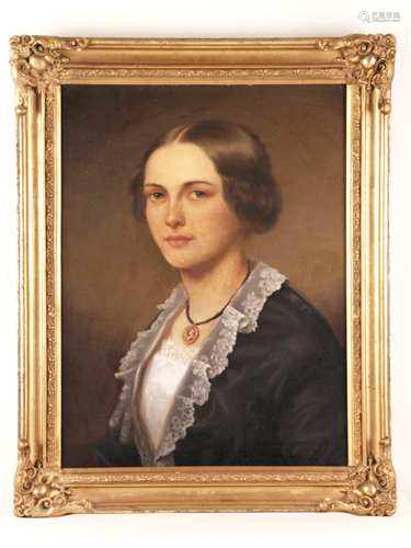 Biedermeier-Portraitist -wohl Münchener Raum- Brustbildnis einer jungen Dame mit<br />Kameenanhänger, Öl auf Leinwand, 1. Hälfte 19.Jh.,ca.50x38cm, unter UV-Licht Retuschen sichtbar, über der linken Schulter restaurierter Riss, Leinwand mit Flicken hinterklebt, mit Goldstuckrahmung ca.61x48cm