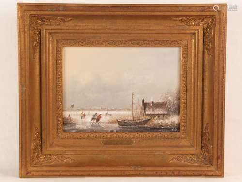 Dyk (Dijk), Hendrik (Harry) van, (geb.1922 Haarlem) - Holländische Winterlandschaft mit<br />zugefrorenem See und Figurenstaffage, Öl auf Holz, unten rechts signiert, ca.18x24cm, vergoldete Rahmenleiste mit Plakette 