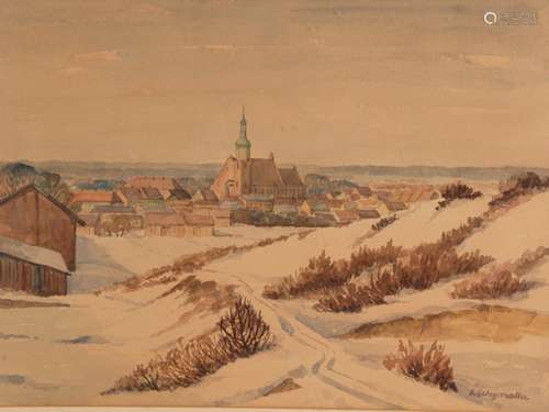 Unbekannt - Weitläufige Winterlandschaft mit Stadtansicht, Aquarell auf Karton, unten<br />rechts unleserlich signiert, mit PP unter Glas gerahmt, PP-Ausschnitt ca.35,5x46,5cm