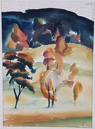 Loew, Peter (1931-2012) - Hügelige Landschaft mit Bäumen, Aquarell auf Papier, unten<br />rechts signiert, mit PP unter Glas gerahmt, PP-Ausschnitt: ca.48x34cm