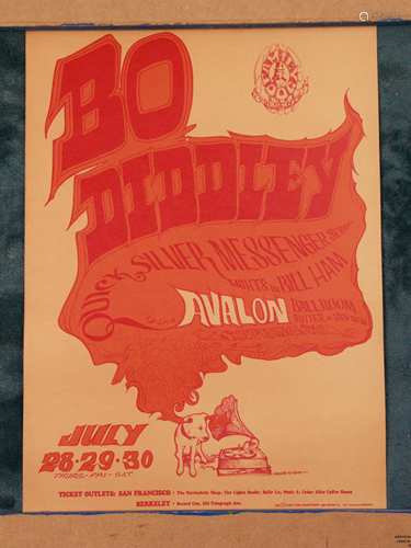 Mouse Studios (Kelley, Alton and Stanley Mouse) - concert poster Family Dog No. 18-2,<br />poster for the concert in San Francisco Avalon Ballroom by Bo Diddley and Quicksilver Messenger Service in July 1966, corners minimally wrinkled, otherwise good condition, ca, 50x36cm, not framed