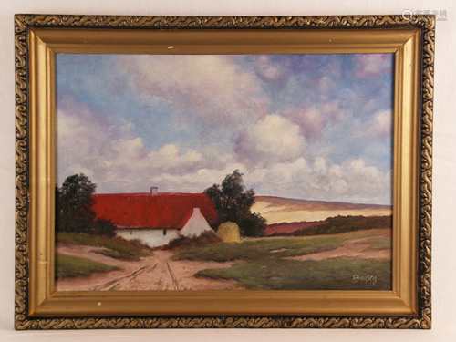 Densen? - Weitläufige sommerliche Feldlandschaft mit Stallgebäude, Öl auf Hartfaser, unten<br />rechts undeutlich signiert, wohl Densen, ca.40x60cm, Rahmung leicht beschädigt