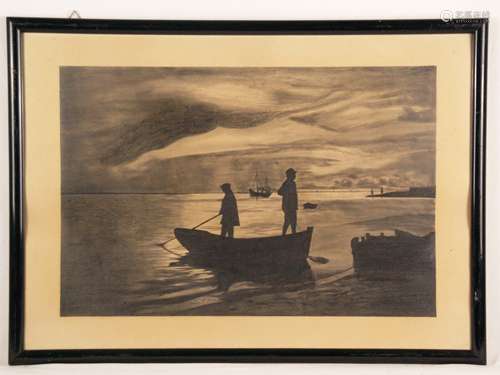 Unbekannt - Fischer und Boote am See, Lithographie, unsigniert, verso mit Widmung (datiert<br />1933), Bildmaße:ca.42x62cm, stellenweise stockfleckig, unter Glas gerahmt