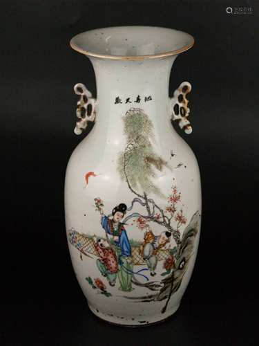 Large baluster vase - China, 1st half of the 20th century, thick-walled porcelain painted<br />in polychrome enamel colors, large multi-figured scene with playing boys in stylized garden landscape, signed above, backside with Chinese calligraphy, butterfly handles, gilt rubbed, H.ca.42 cm