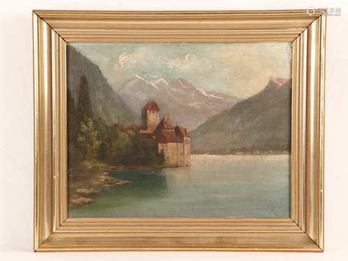 Monogrammist um 1900 - Das mittelalterliche Schloss Chillon am Genfersee, Öl auf Leinwand,<br />rechts unten mongrammiert, ca.26x33cm, Rahmung b