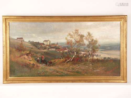 Lewy, Anton (1845-1897) - Landschaft mit Bauernkindern auf einem Feldweg vor Stadtkulisse,<br />1882, Öl auf Leinwand,unten rechts signiert und datiert 