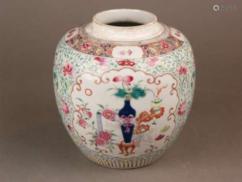 Lamp base - China, late Qing Dynasty, porcelain, spherical shape with retracted lip,<br />colorful enamel painting in the style of the Famille Rose, gold decoration, background with flowering lotus tendrils, reserves filled with various treasures, on the shoulder floral and jagged ornaments, leaf border on the stand, height approx.17.5 cm, perforation on the underside (glaze partially damaged), unglazed on the short neck