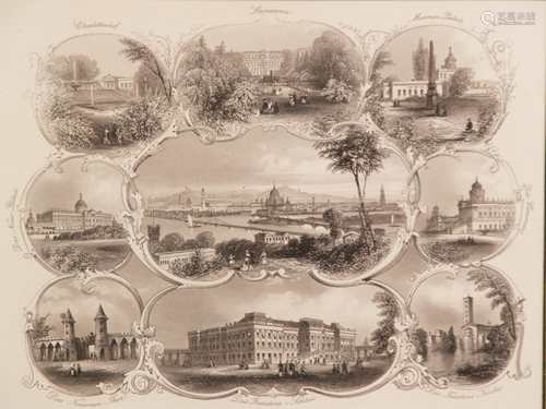 Potsdam - Stahlstich-Souvenirblatt, Panoramaansicht umgeben von 8 Detailansichten:<br />Schloss Charlottenhof, Sanssouci, Marmor-Palais, Communs, Friedenskirche, Stadtschloss, Nauener Tor, Neues Palais, mit PP unter Glas gerahmt, PP-Ausschnitt ca.17,5x22cm