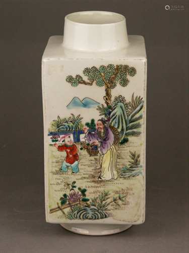 Ornamental Vase - China, 19./20. century, square porcelain vase with round stand and round<br />lip, polychrome decor  with landscape scenes on the three sides of the vase, figures, pair of cranes and flowers on rocks, red Tongzhi seal  in the bottom, H.ca.26 cm