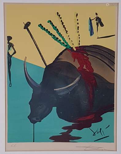 Dalí, Salvador (1904-Figueres-1989) - ''The Bull is Dead'', color lithography on Arches<br />paper, from the series ''Carmen'', 1970, complete edition: 125 Ex., here marked: ''EE'', signed by hand, with PP framed under glass , PP cutout: ca.58x44cm