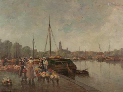 Dutch painter - Port scene with flower market, oil on canvas, illegible signed in lower<br />left, signs of wear, canvas mended, paint layer chipped in places, ca.66x100cm, framed