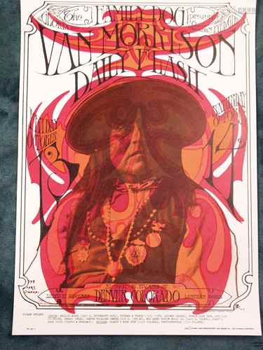 Kelley, Alton and Stanley Mouse (1940-2008 / *1940, artists of Psychedelic Art) - Family<br />Dog Concert Poster, San Francisco, 1967, Poster for Concert in West Evans, Denver Colorado of Van Morrison and The Daily Flash in October 1967, No. D6-1 (1st edition), top right corner  slightly wrinkled, otherwise in good condition, ca.50, 5x56cm, not framed