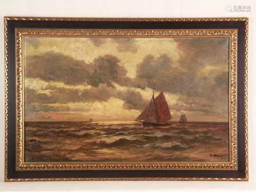 Holzapfel,Carl (1865-1926,Berliner Landschaftsmaler) - Fischerboote im Abendlicht, Öl auf<br />Leinwand,signiert unten rechts,ca.49x80,5cm, in profilierter Rahmung mit Zierornamentik ca.63x94,5cm