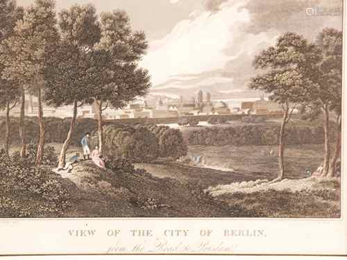 View of the city of Berlin from the Road to Potsdam - Kolorierter Kupferstich von Robert<br />W. Wallis nach einer Zeichnung von William Marshall Craig, um 1816, Abbildungsmaße ca.16x22,5cm, mit PP unter Glas gerahmt