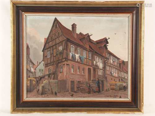 Sandock, W. (20.Jh.) - Stadtszene mit altem Fachwerkhaus, 1925, Öl auf Leinwand, unten<br />rechts signiert und datiert, randlich Rahmungsspuren, stellenweise fleckig, ca. 36,5x45,5cm, gerahmt