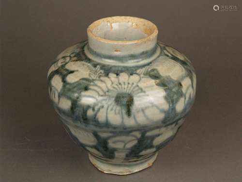 Pot - pottery shards with grayish cobalt folk decoration, glaze with craquelure, partially<br />encrustations, height ca.18.5cm, China probably late Ming dynasty