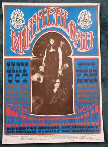 Griffin, Rick (1944 - 1991, American psychedelic poster artist and cartoonist) and Bob<br />Seidemann (1941-2017) - Family Dog Concert poster ''Motherload'' No. 60-1 (1st edition), San Francisco, 1967 , poster for San Francisco Concert Avalon Ballroom by Big Brother and the Holding Company, Sir Douglas Quintet and The Orkustra in May 1967, central black and white depiction of American rock singer Janis Joplin with Big Brother and the Holding Company group, upper right corner wrinkled, edges slightly foxing, otherwise in good condition, ca.50, 5x35, 5cm, not framed