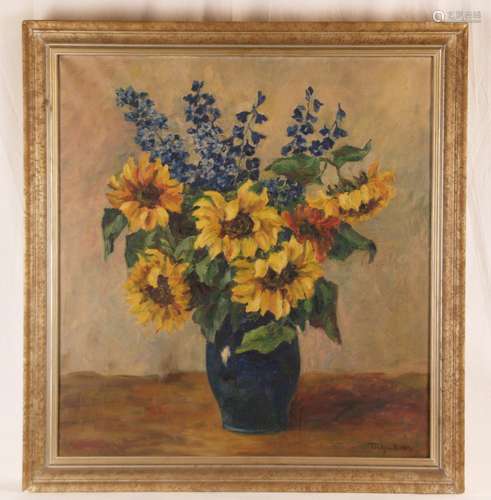 Tiedjen-Bieber, Fanny (1876 - 1940, tätig in München) - Sonnenblumen und Rittersporn in<br />blauer Vase, Öl auf Leinwand, unten rechts signiert 