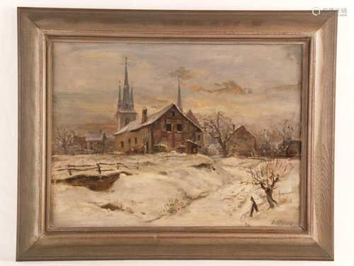 Busch, Karl (zugeschrieben, 1910 Frankfurt am Main -1997) - Winterlandschaft mit Herz<br />Jesu-Kirche in Eckenheim, Öl auf Hartfaser, unten rechts signiert K.? Busch, ca.32,5x45cm, gerahmt