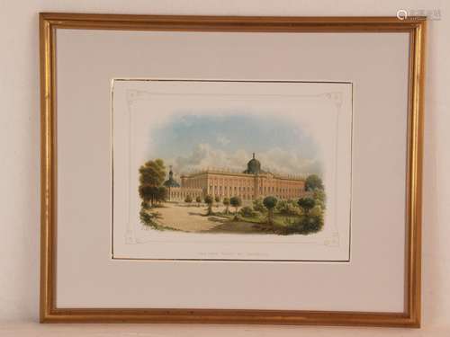 Das Neue Palais bei Sanssouci - kolorierte Lithographie nach einer Zeichnung von H.<br />Kraemer, im Stein signiert, Verlag Storch u. Kraemer in Berlin, Abbildungsmaße ca.19,3x27,5cm, Blatt mit Abbildung wohl auf das Blatt mit Inschriften geklebt, mit PP unter Glas gerahmt