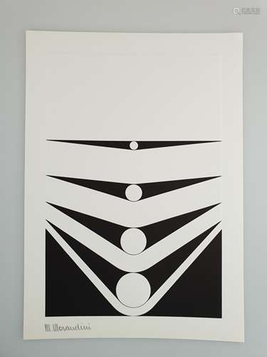 Morandini, Marcello (geb.1940 in Mantua) -Geometrische Komposition, 1977,Serigrafie auf<br />Halbkarton,unterhalb in Blei signiert, ca.28x19,7cm, Auflage 230+65 E., Panderma Edition, Provenienz: Panderma Edition/Basel- Galerie von Bartha/ Basel, ungerahmt