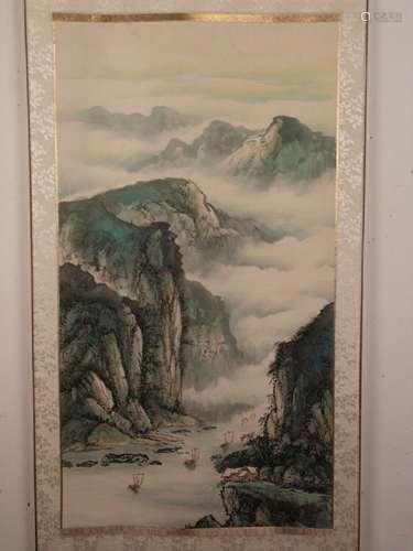 Chinese scroll painting - China 20th c., light colors on paper, Shan-Shui-Scenery, c.<br />94x51,5cm, hanging scroll, silk border, total length c.158cm