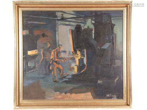 Fricke, Helmut (1886-1966) - ''In the hammer mill'', oil on fiberboard, signed and dated in<br />lower right ''H.Fricke 50'', color layer in top center minimally damaged, ca.62x69cm, framed