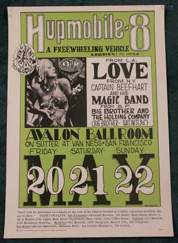 Wilson, Wes (born 1937, American artist of the psychedelic poster) - Concert poster<br />''HUPMOBILE 8'' with picture of Greta Garbo, Family Dog No.9-3, San Francisco 1966, poster for concert in San Francisco Avalon Ballroom of Love , Captain Beefheart & His Magic Band, Big Brother and the Holding Company in May 1966, edges partly spotted and minimally wrinkled, ca.52x36cm, not framed