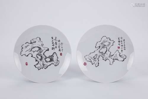 Pair of Chinese grisaille porcelain plates.