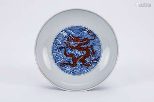 Chinese iron red and blue and white porcelain plate, Qianlong mark.