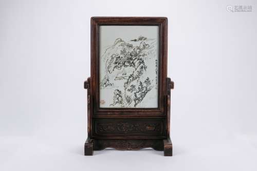 Chinese grisaille porcelain table screen.