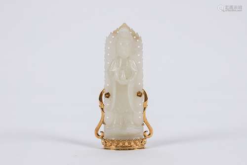 Chinese gilt carved jade figure of Guanyin.