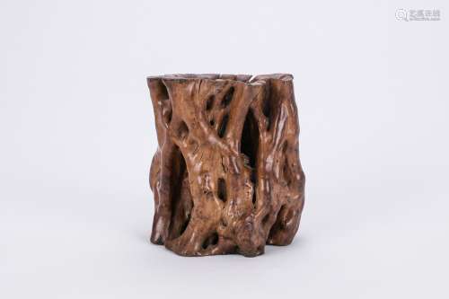 Chinese carved wood brush pot.
