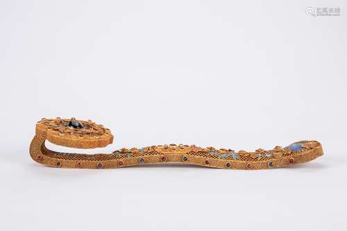 Chinese gold gilt ruyi scepter with gemstone inlaid.