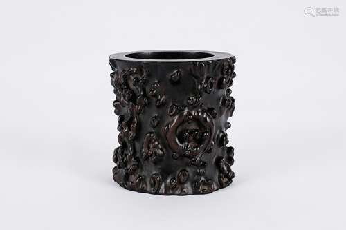 Chinese carved Zitan brush pot.