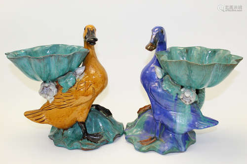 Two Chinese pottery duck garden bird bath.