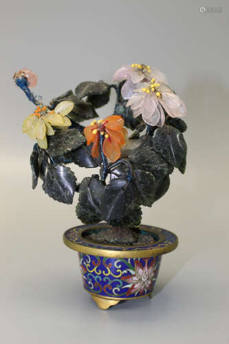 Chinese Jade bonsai tree with cloisonne planter.