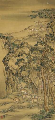 沈铨（1682～1760） 1750年作 古柏群鹿图 立轴 绢本