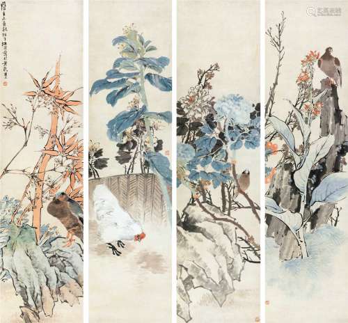 任伯年（1840～1896） 1871年作 花鸟 四屏镜心 纸本
