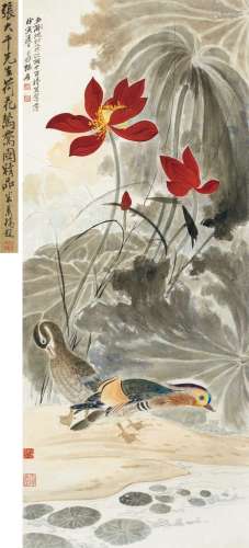 张大千（1899～1983） 1938年作 荷花鸳鸯 立轴 纸本