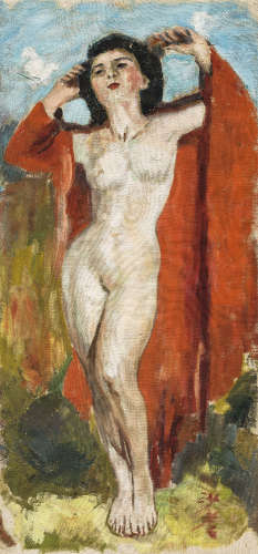 沙耆（1914～2005） 红衣裸女 布面油画